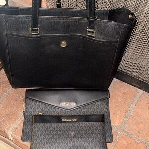 Michael Kors Black Leather Tote with MK Logo Pouches